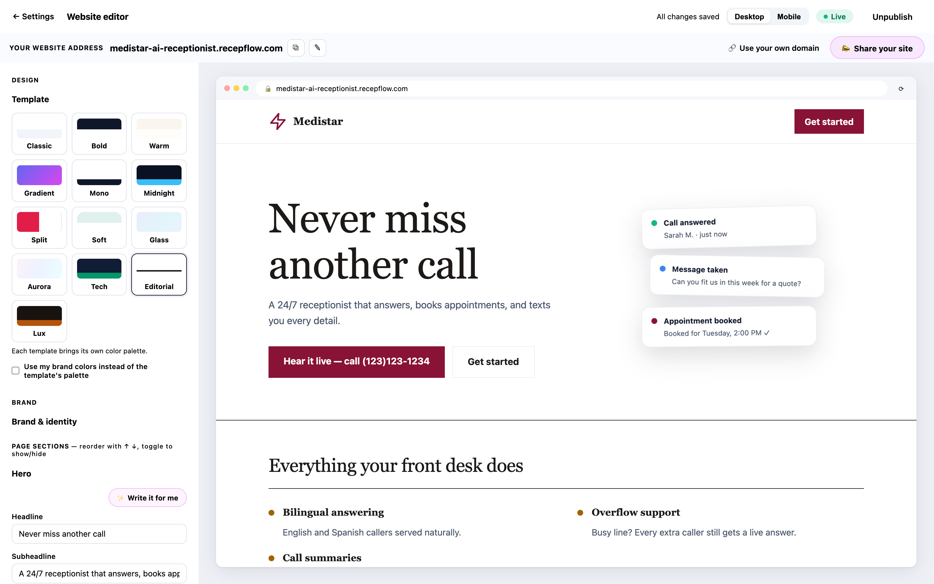 The included website editor: design templates and live preview of a reseller's branded site